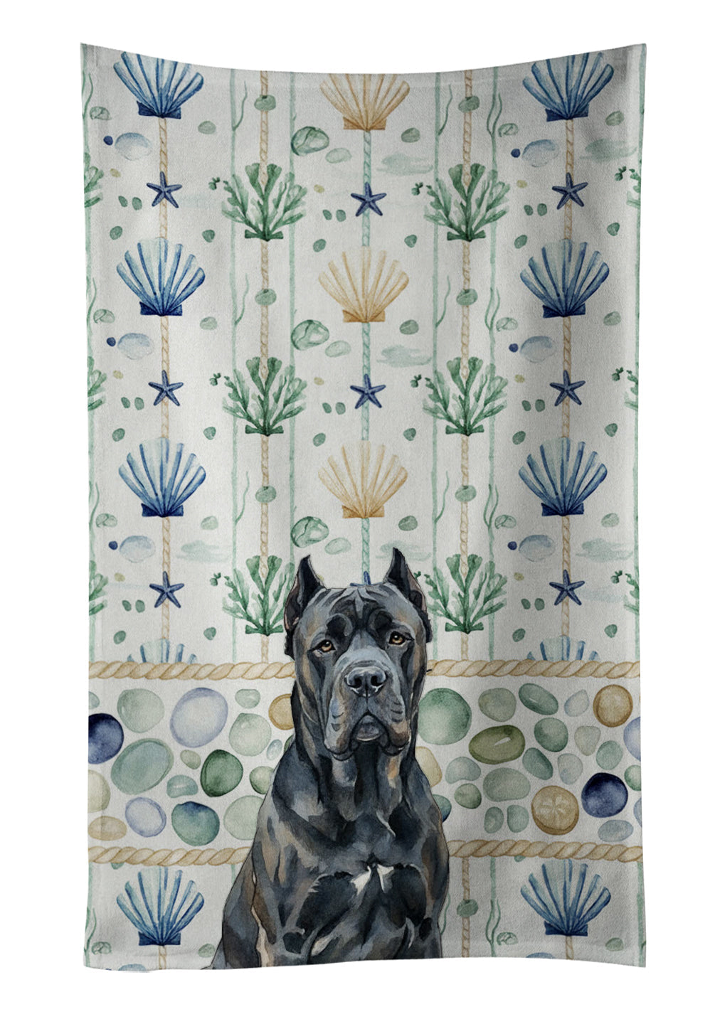Cane Corso Coastal Sea Glass Kitchen Towel Velour Plush Front and Cotton Loop Back Machine Washable
