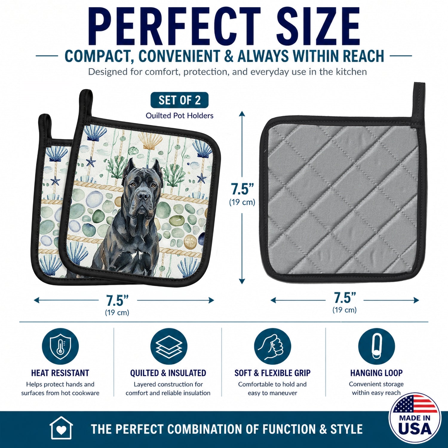 Cane Corso Coastal Sea Glass Pot Holder Set of 2 Heat Resistant Quilted Hot Pads 7.5 x 7.5 Inch, Insulated Kitchen Trivets for Cooking & Baking