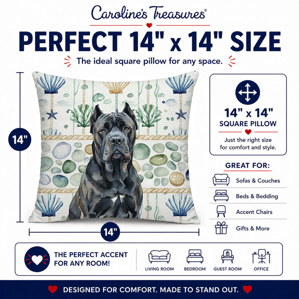 Cane Corso Coastal Sea Glass Decorative Throw Pillow 14x14 Indoor Outdoor Accent Cushion, Fabric Cover with Insert for Sofa, Bed, Porch & Living Room