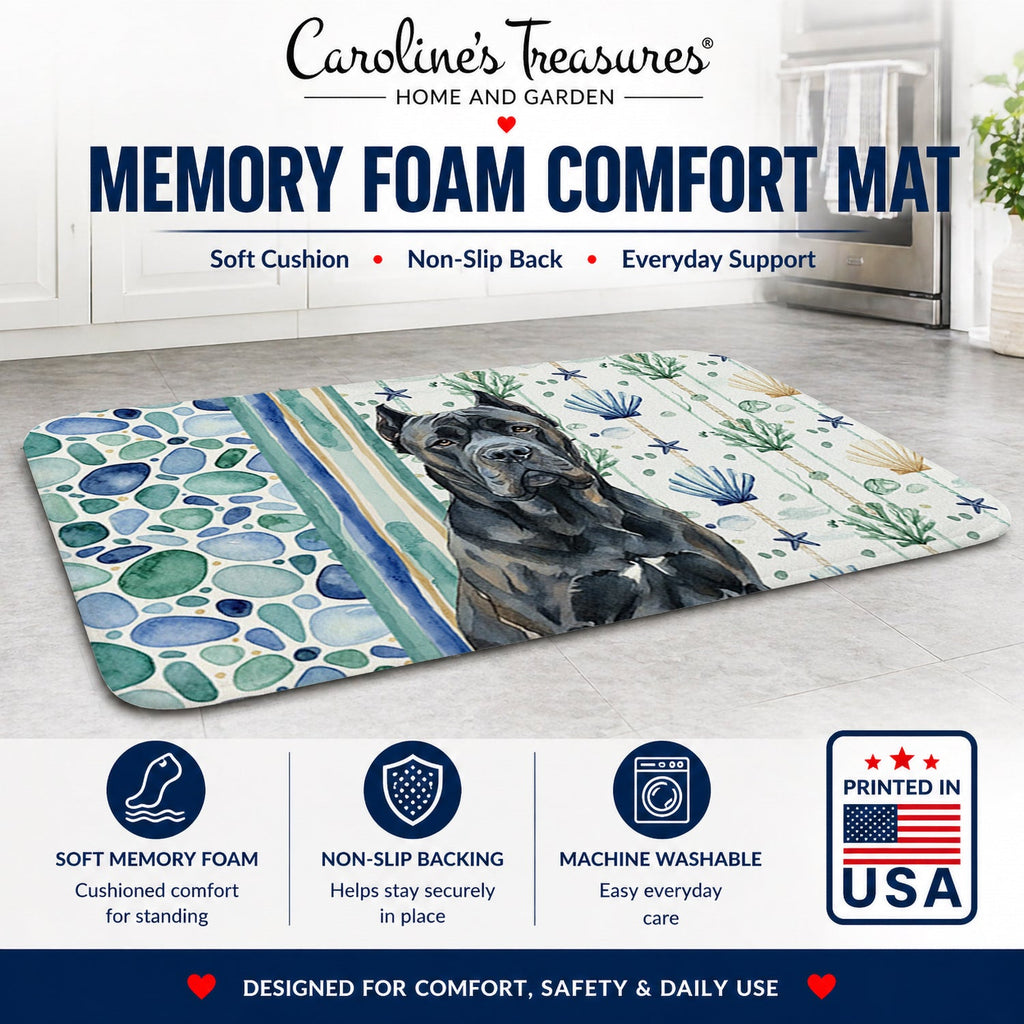 Cane Corso Coastal Sea Glass Memory Foam Kitchen Mat Machine Washable Anti-Fatigue Cushion Comfort Bath or Kitchen Rug