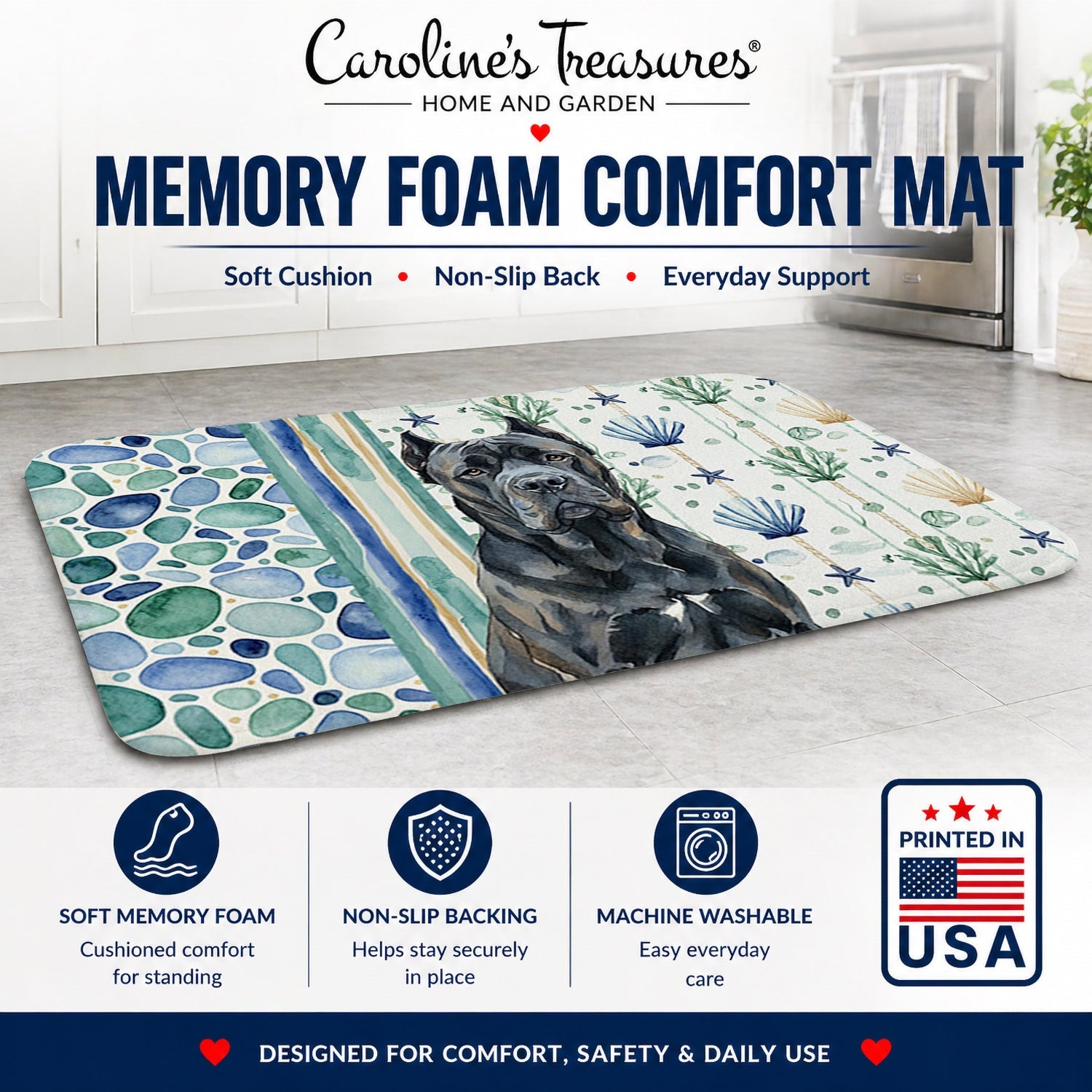 Cane Corso Coastal Sea Glass Memory Foam Kitchen Mat Machine Washable Anti-Fatigue Cushion Comfort Bath or Kitchen Rug