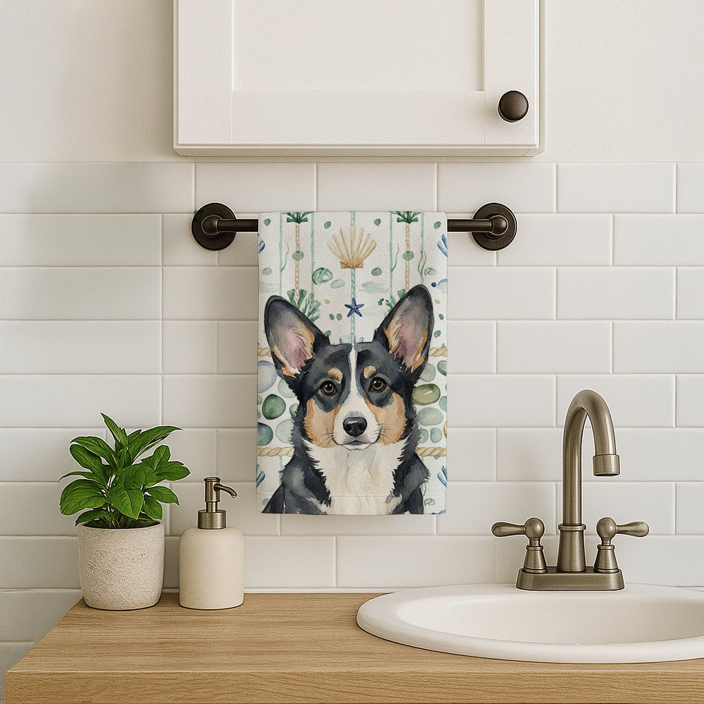 Black and White Cardigan Welsh Corgi Coastal Sea Glass Kitchen Towel Velour Plush Front and Cotton Loop Back Machine Washable