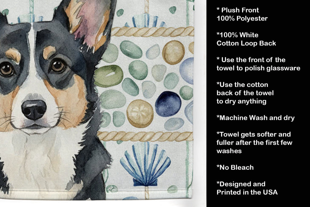 Black and White Cardigan Welsh Corgi Coastal Sea Glass Kitchen Towel Velour Plush Front and Cotton Loop Back Machine Washable