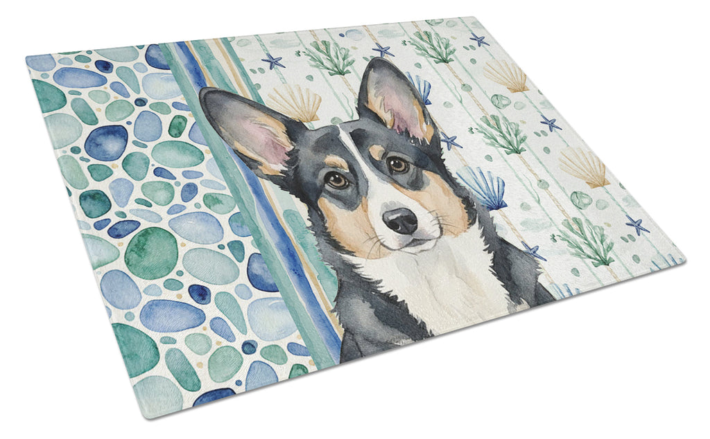 Black and White Cardigan Welsh Corgi Coastal Sea Glass Cutting Board Tempered Glass Kitchen Cutting Surface, Heat Resistant Chopping, Non-Slip Feet, Food Prep & Serving