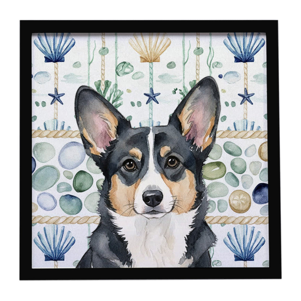 Black and White Cardigan Welsh Corgi Coastal Sea Glass Framed Metal Print Bathroom, Kitchen, Office, Home Decor Wall Art Ready to Hang, Square, 8X8