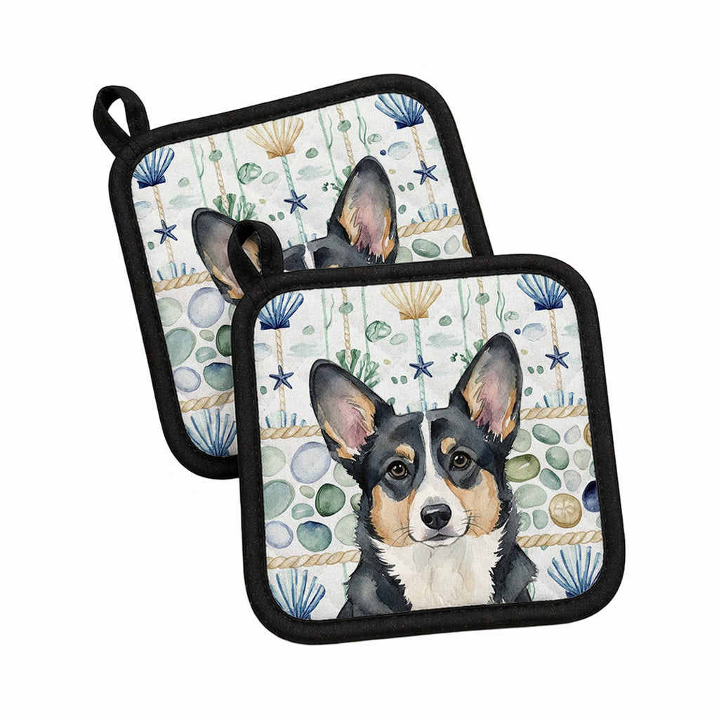 Black and White Cardigan Welsh Corgi Coastal Sea Glass Pot Holder Set of 2 Heat Resistant Quilted Hot Pads 7.5 x 7.5 Inch, Insulated Kitchen Trivets for Cooking & Baking