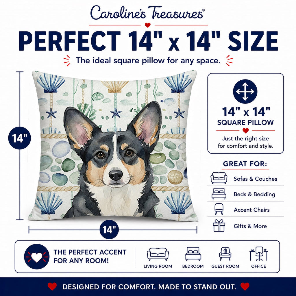 Black and White Cardigan Welsh Corgi Coastal Sea Glass Decorative Throw Pillow 14x14 Indoor Outdoor Accent Cushion, Fabric Cover with Insert for Sofa, Bed, Porch & Living Room