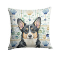 Black and White Cardigan Welsh Corgi Coastal Sea Glass Decorative Throw Pillow 14x14 Indoor Outdoor Accent Cushion, Fabric Cover with Insert for Sofa, Bed, Porch & Living Room