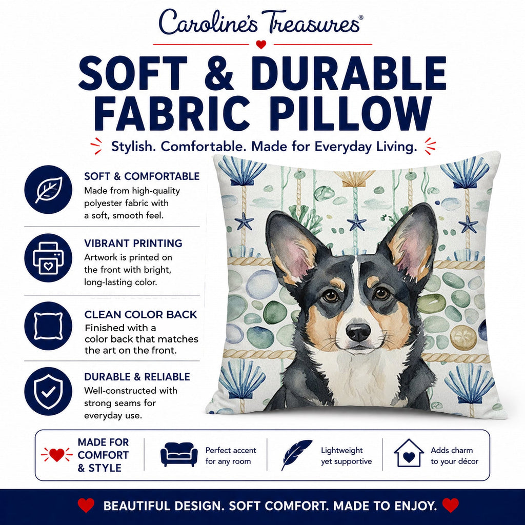 Black and White Cardigan Welsh Corgi Coastal Sea Glass Decorative Throw Pillow 18x18 Indoor Outdoor Accent Cushion, Fabric Cover with Insert for Sofa, Bed, Porch & Living Room