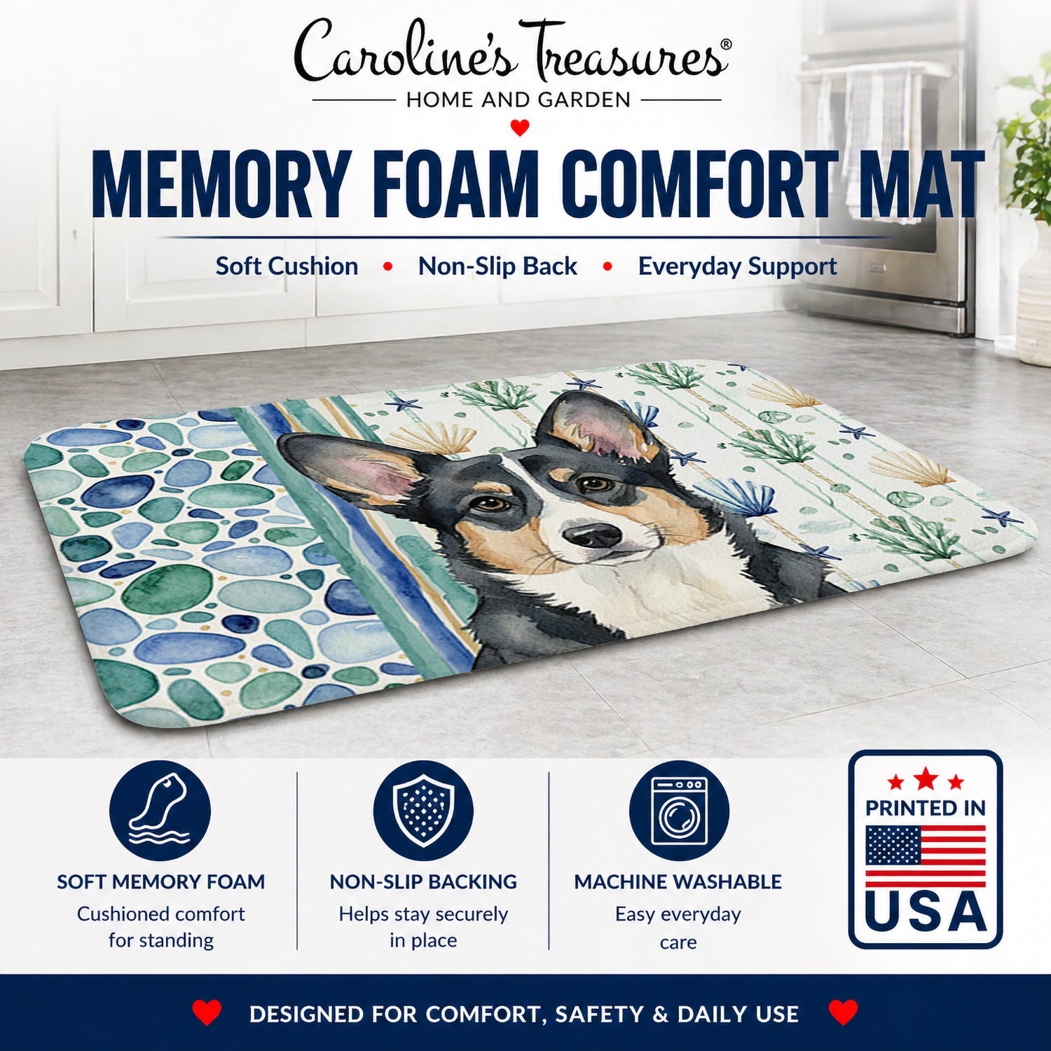 Black and White Cardigan Welsh Corgi Coastal Sea Glass Memory Foam Kitchen Mat Machine Washable Anti-Fatigue Cushion Comfort Bath or Kitchen Rug
