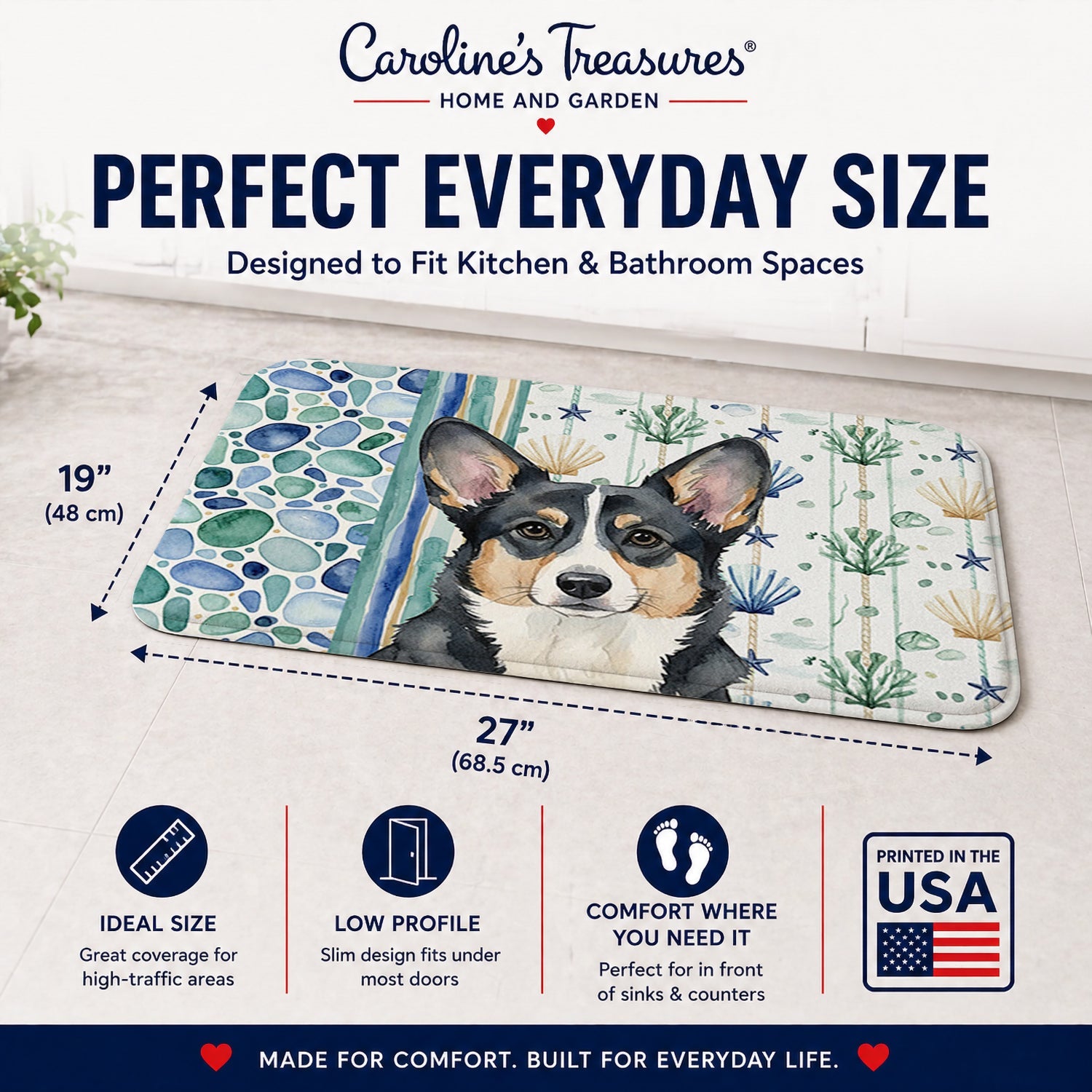 Black and White Cardigan Welsh Corgi Coastal Sea Glass Memory Foam Kitchen Mat Machine Washable Anti-Fatigue Cushion Comfort Bath or Kitchen Rug