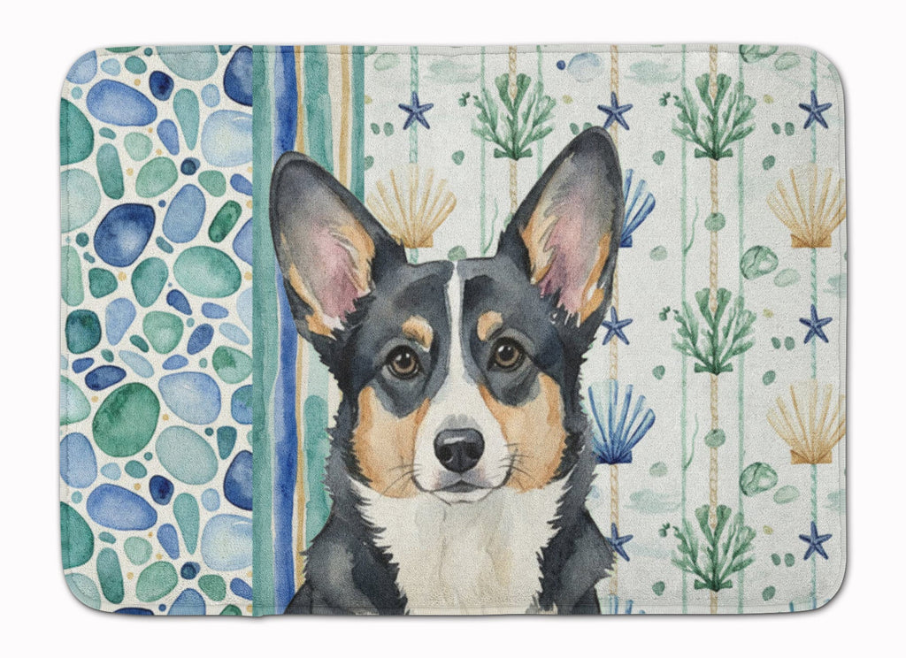 Black and White Cardigan Welsh Corgi Coastal Sea Glass Memory Foam Kitchen Mat Machine Washable Anti-Fatigue Cushion Comfort Bath or Kitchen Rug