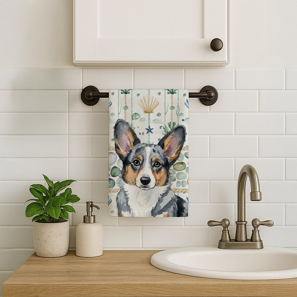 Blue Merle Cardigan Welsh Corgi Coastal Sea Glass Kitchen Towel Velour Plush Front and Cotton Loop Back Machine Washable