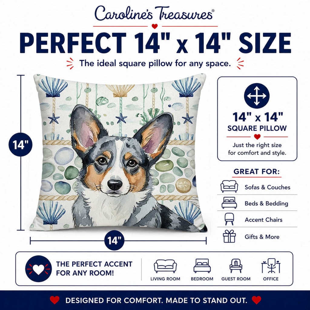 Blue Merle Cardigan Welsh Corgi Coastal Sea Glass Decorative Throw Pillow 14x14 Indoor Outdoor Accent Cushion, Fabric Cover with Insert for Sofa, Bed, Porch & Living Room