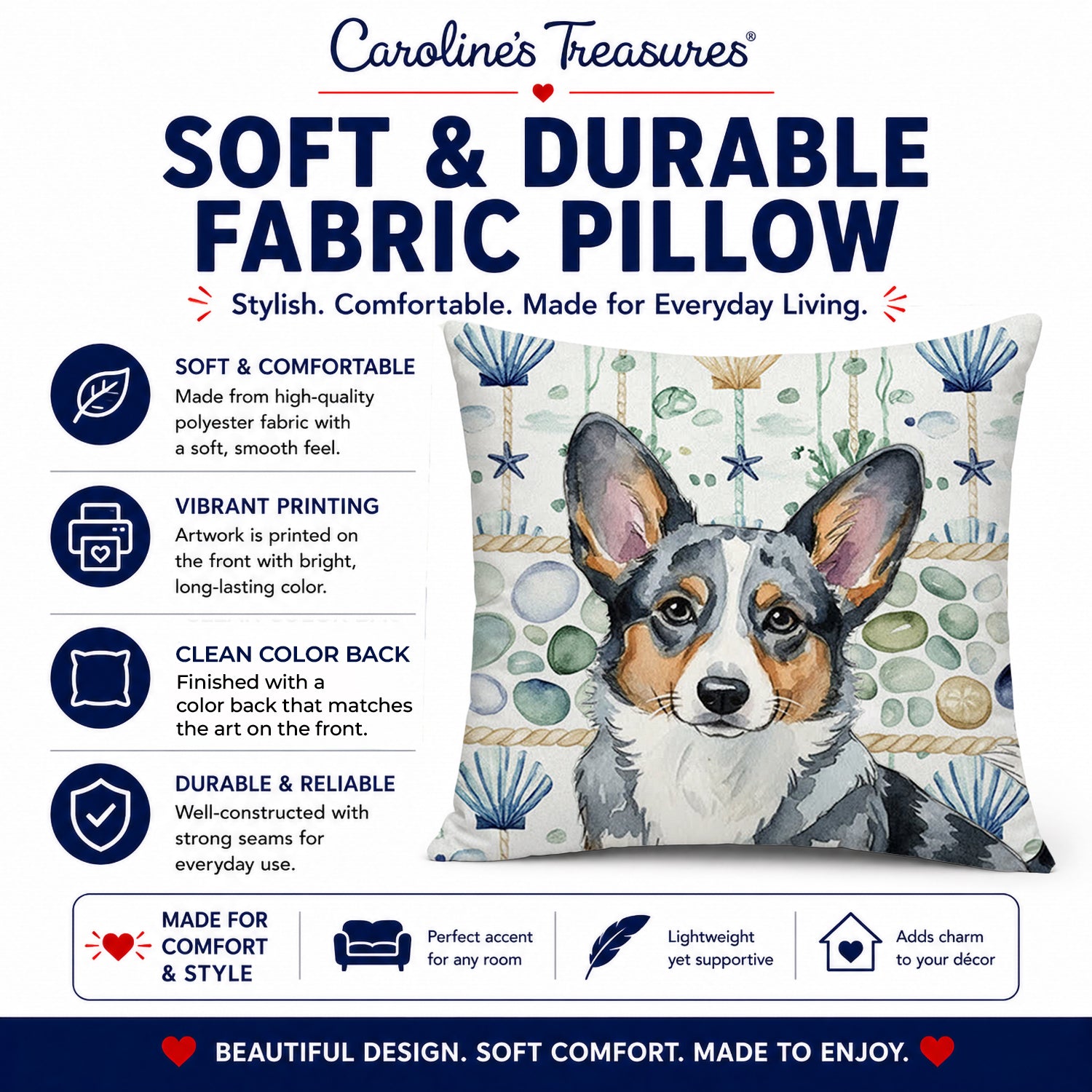 Blue Merle Cardigan Welsh Corgi Coastal Sea Glass Decorative Throw Pillow 18x18 Indoor Outdoor Accent Cushion, Fabric Cover with Insert for Sofa, Bed, Porch & Living Room