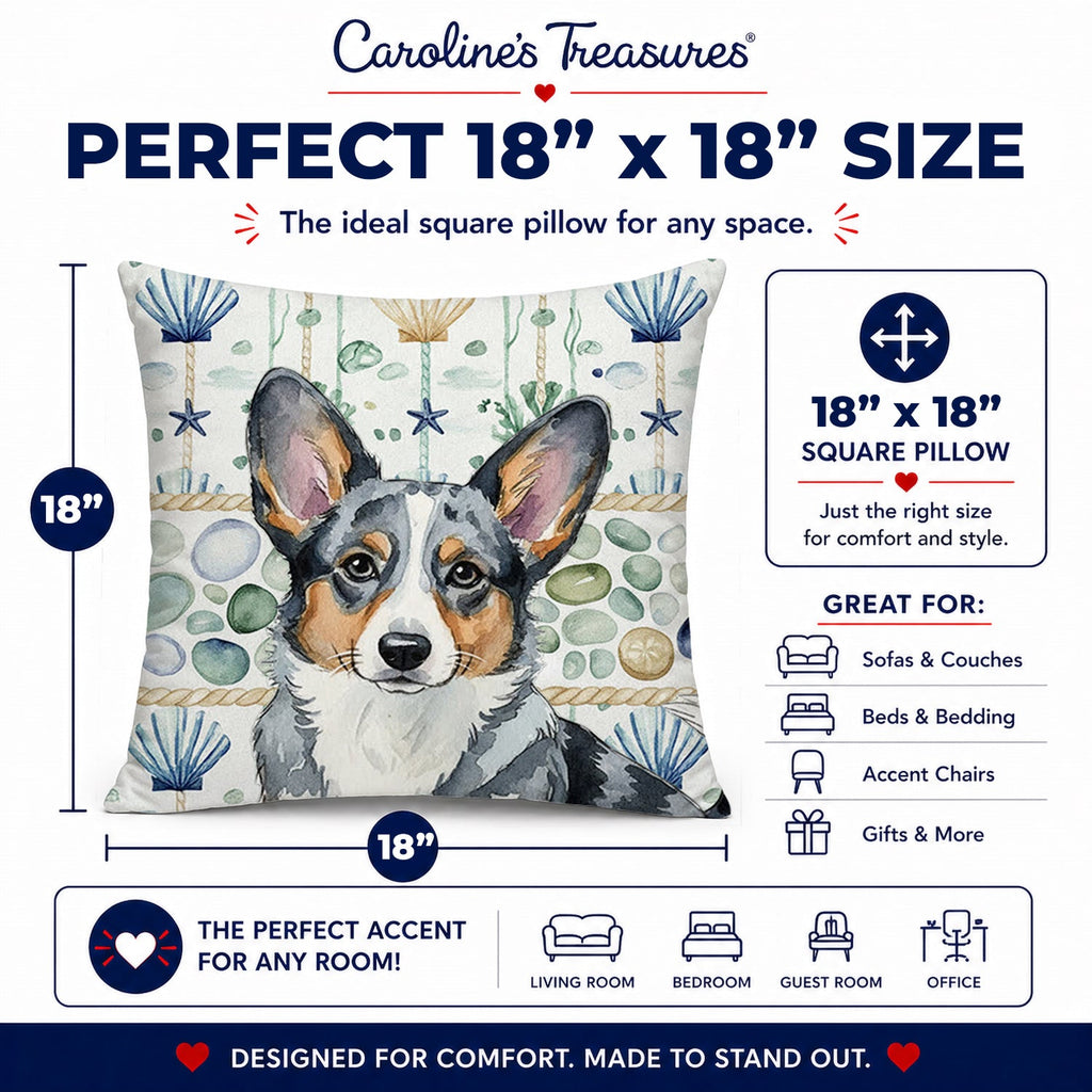 Blue Merle Cardigan Welsh Corgi Coastal Sea Glass Decorative Throw Pillow 18x18 Indoor Outdoor Accent Cushion, Fabric Cover with Insert for Sofa, Bed, Porch & Living Room