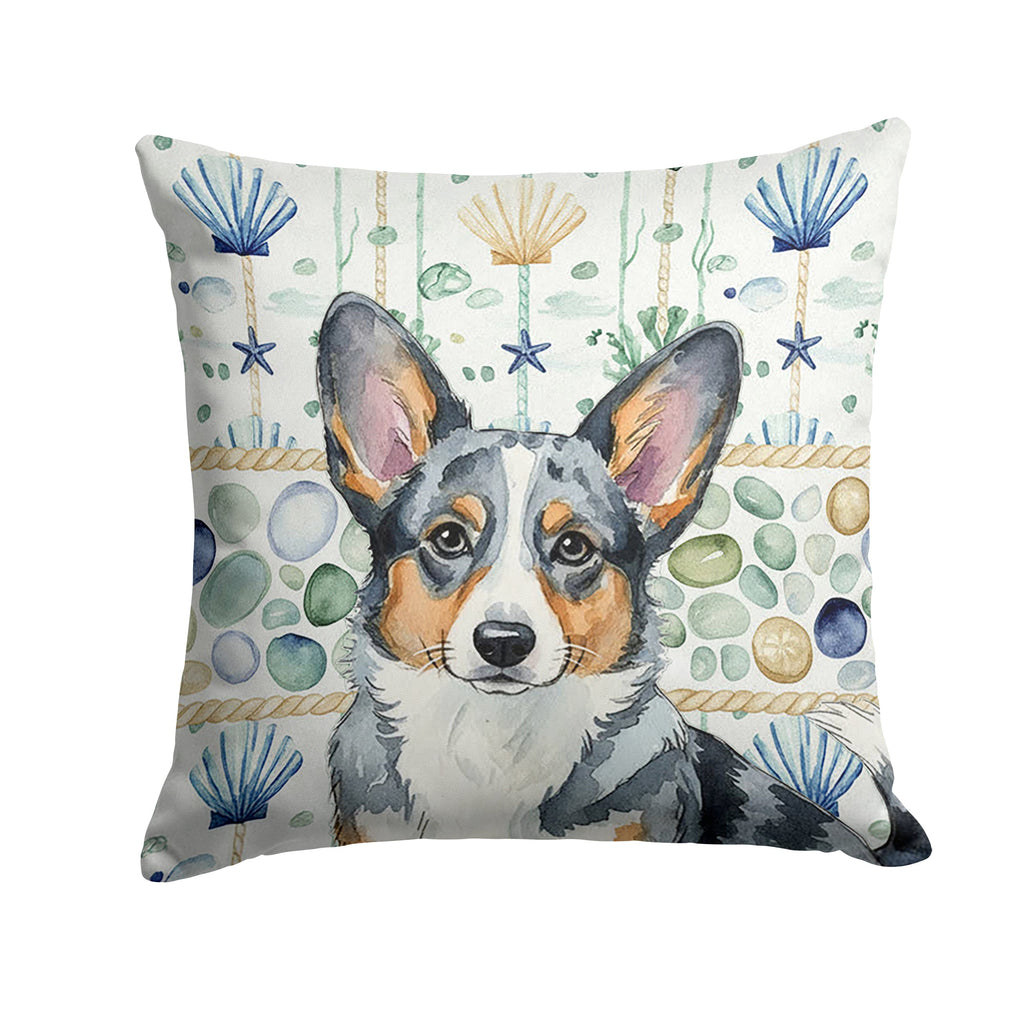 Blue Merle Cardigan Welsh Corgi Coastal Sea Glass Decorative Throw Pillow 18x18 Indoor Outdoor Accent Cushion, Fabric Cover with Insert for Sofa, Bed, Porch & Living Room
