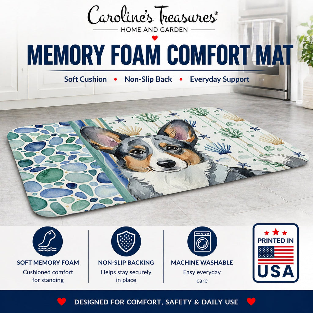 Blue Merle Cardigan Welsh Corgi Coastal Sea Glass Memory Foam Kitchen Mat Machine Washable Anti-Fatigue Cushion Comfort Bath or Kitchen Rug