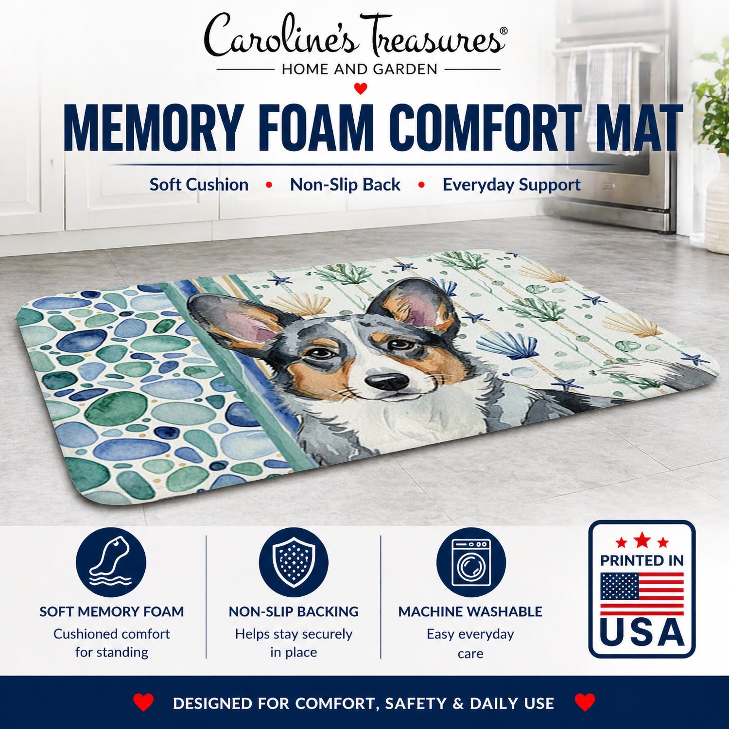 Blue Merle Cardigan Welsh Corgi Coastal Sea Glass Memory Foam Kitchen Mat Machine Washable Anti-Fatigue Cushion Comfort Bath or Kitchen Rug