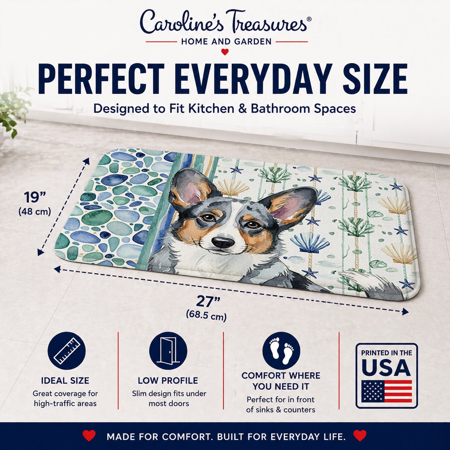 Blue Merle Cardigan Welsh Corgi Coastal Sea Glass Memory Foam Kitchen Mat Machine Washable Anti-Fatigue Cushion Comfort Bath or Kitchen Rug