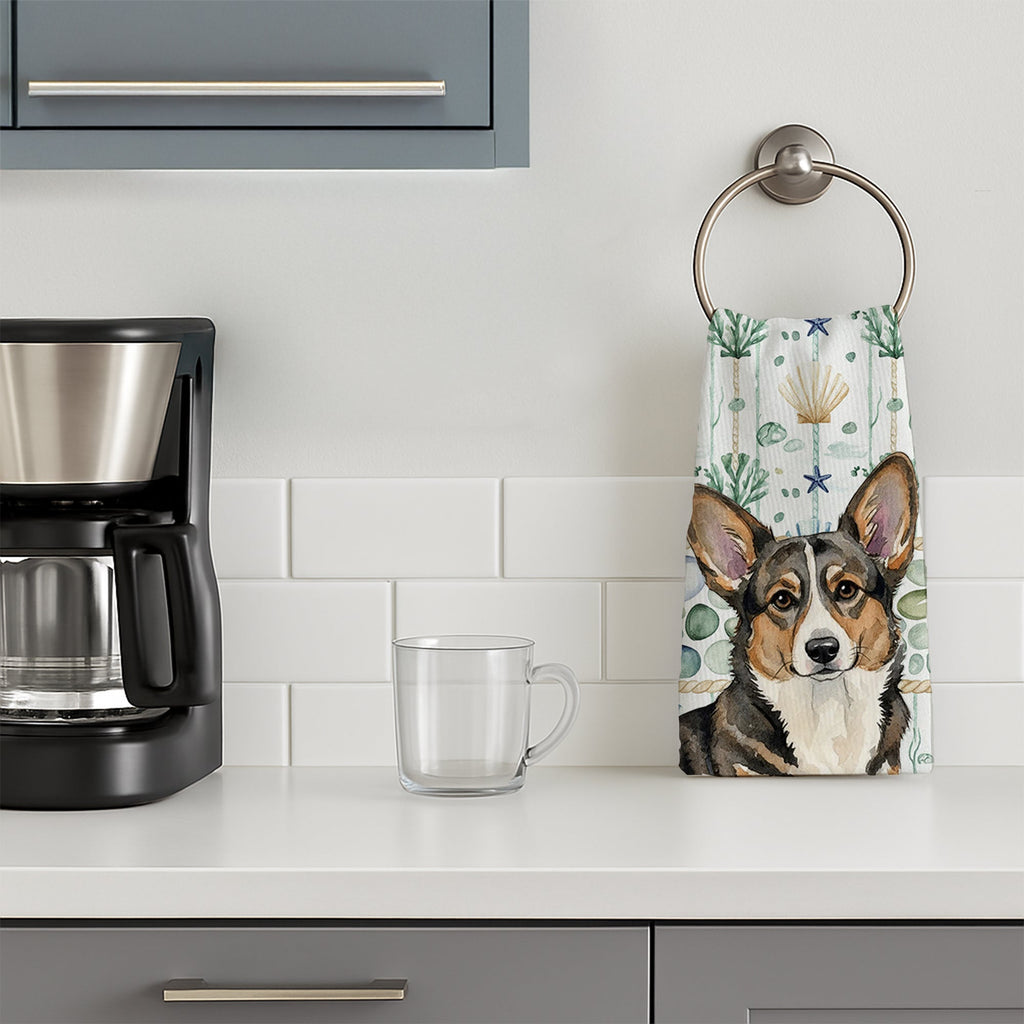 Brindle Cardigan Welsh Corgi Coastal Sea Glass Kitchen Towel Velour Plush Front and Cotton Loop Back Machine Washable