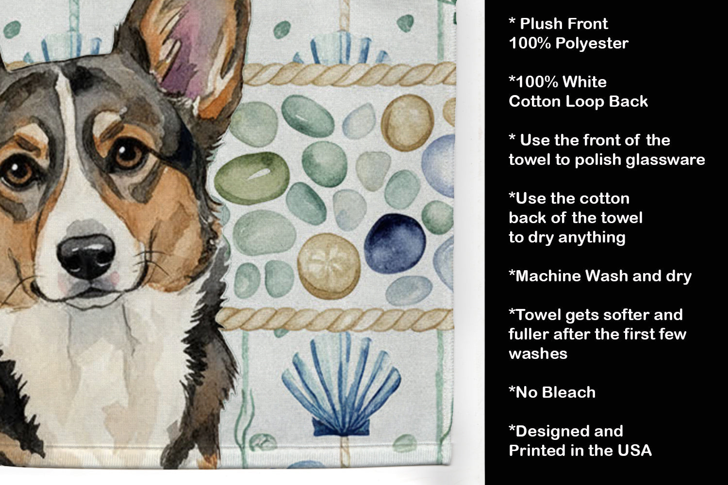 Brindle Cardigan Welsh Corgi Coastal Sea Glass Kitchen Towel Velour Plush Front and Cotton Loop Back Machine Washable