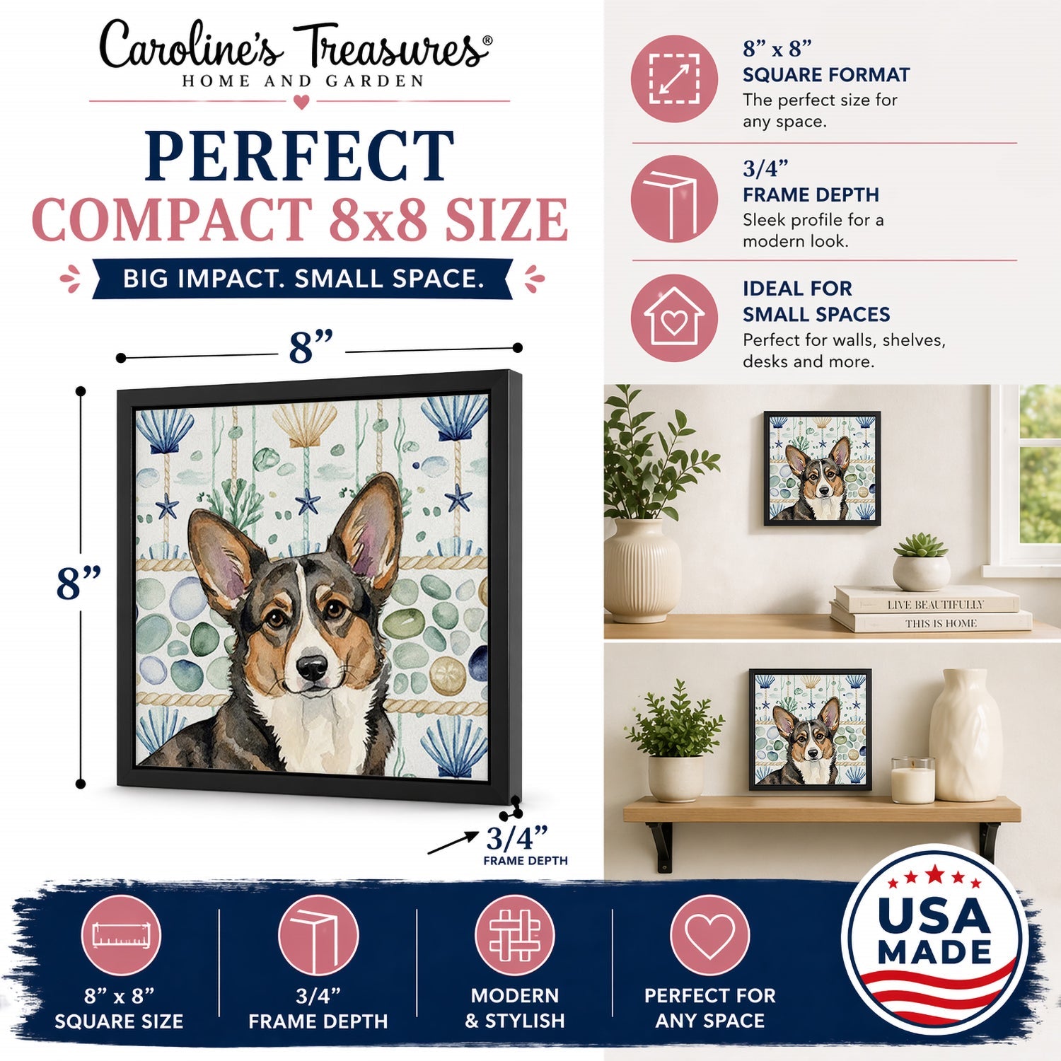 Brindle Cardigan Welsh Corgi Coastal Sea Glass Framed Metal Print Bathroom, Kitchen, Office, Home Decor Wall Art Ready to Hang, Square, 8X8