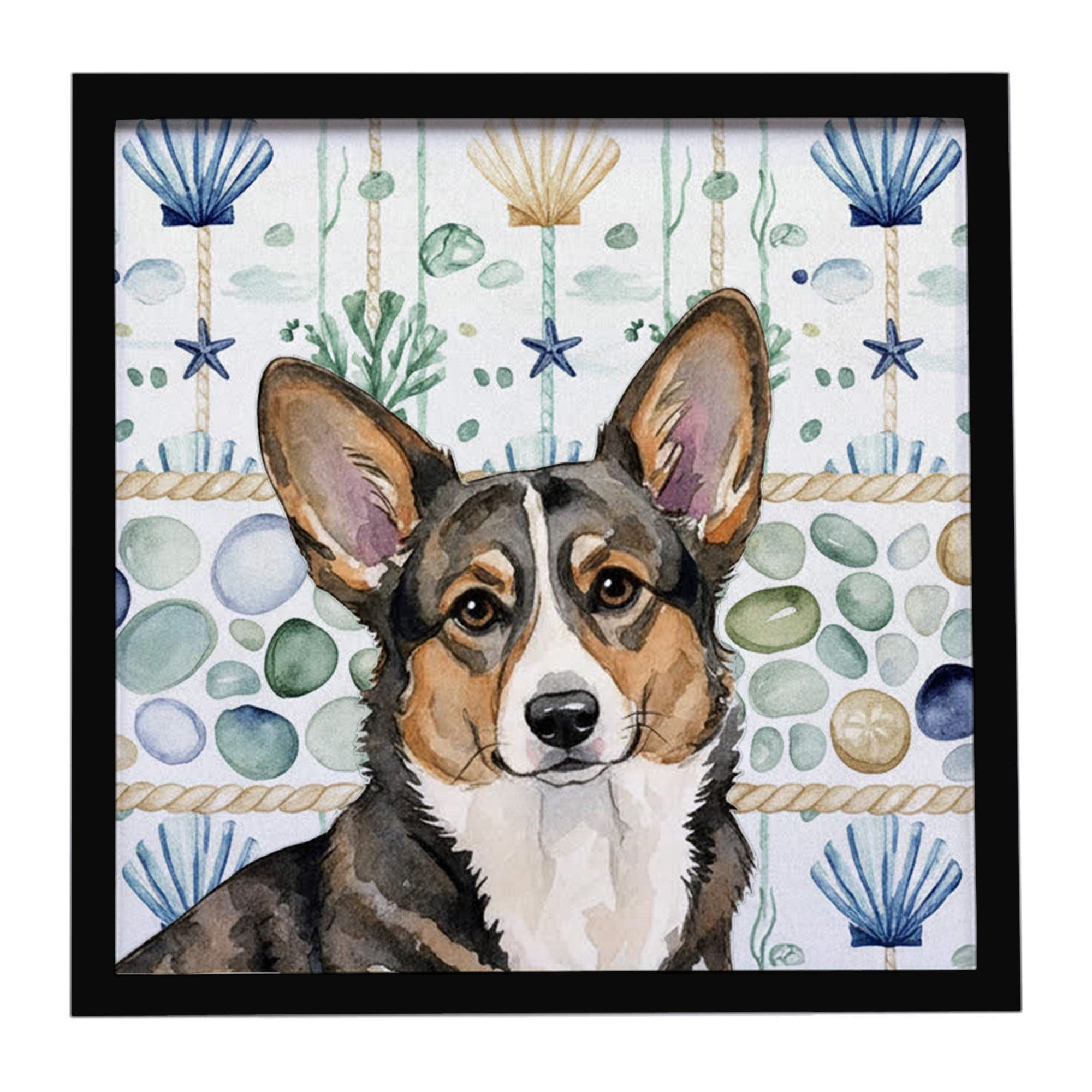 Brindle Cardigan Welsh Corgi Coastal Sea Glass Framed Metal Print Bathroom, Kitchen, Office, Home Decor Wall Art Ready to Hang, Square, 8X8