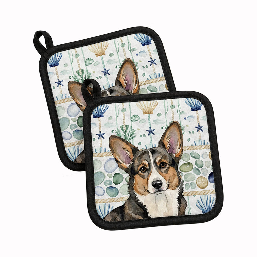 Brindle Cardigan Welsh Corgi Coastal Sea Glass Pot Holder Set of 2 Heat Resistant Quilted Hot Pads 7.5 x 7.5 Inch, Insulated Kitchen Trivets for Cooking & Baking