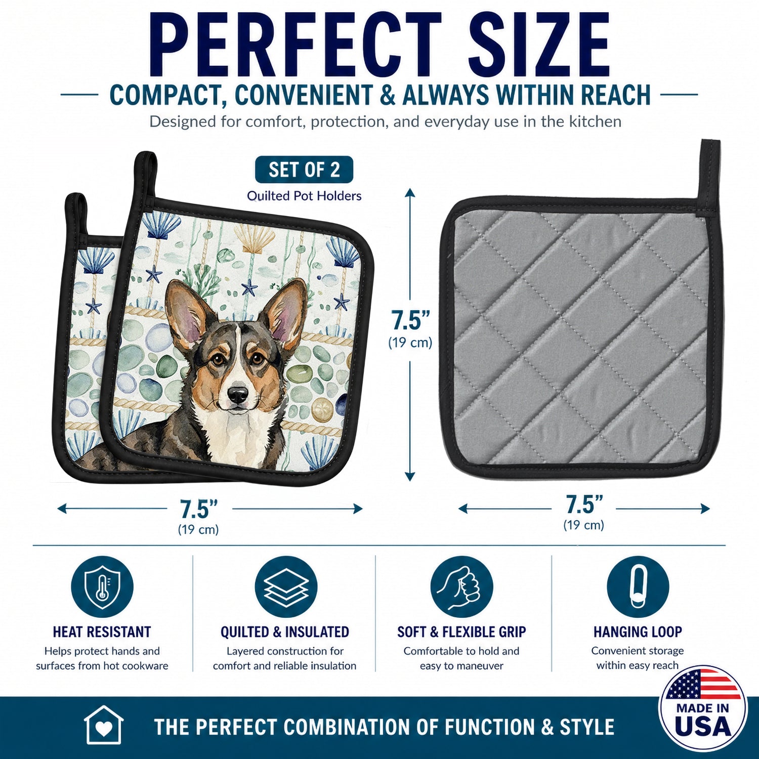 Brindle Cardigan Welsh Corgi Coastal Sea Glass Pot Holder Set of 2 Heat Resistant Quilted Hot Pads 7.5 x 7.5 Inch, Insulated Kitchen Trivets for Cooking & Baking