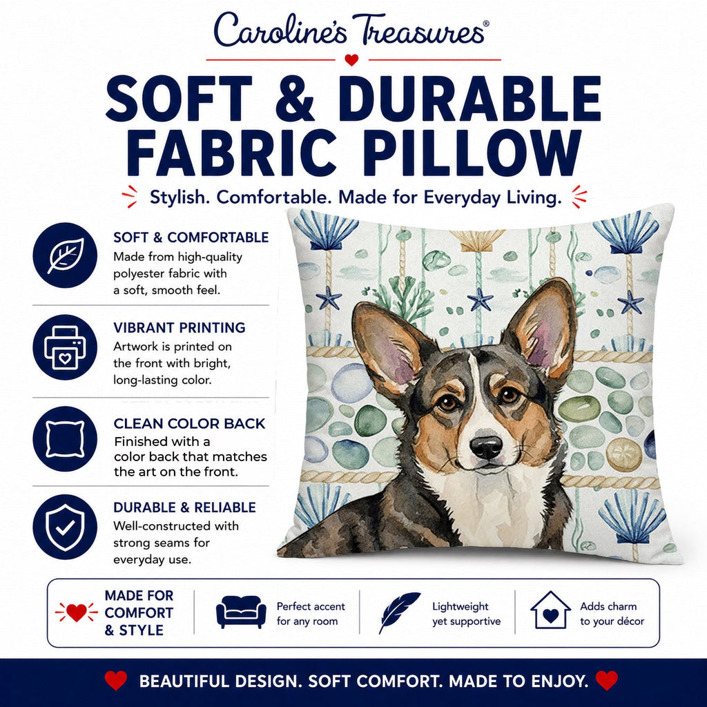 Brindle Cardigan Welsh Corgi Coastal Sea Glass Decorative Throw Pillow 14x14 Indoor Outdoor Accent Cushion, Fabric Cover with Insert for Sofa, Bed, Porch & Living Room
