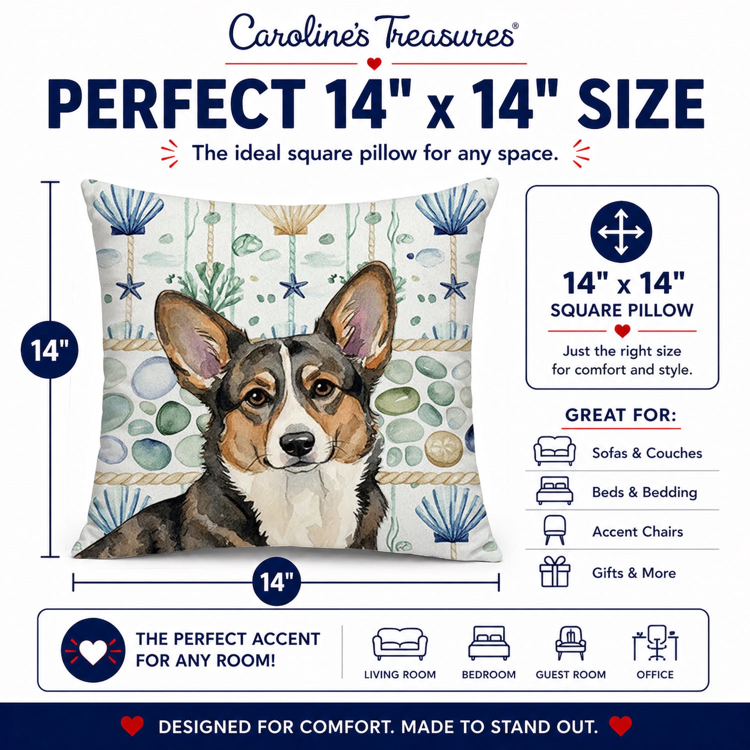 Brindle Cardigan Welsh Corgi Coastal Sea Glass Decorative Throw Pillow 14x14 Indoor Outdoor Accent Cushion, Fabric Cover with Insert for Sofa, Bed, Porch & Living Room