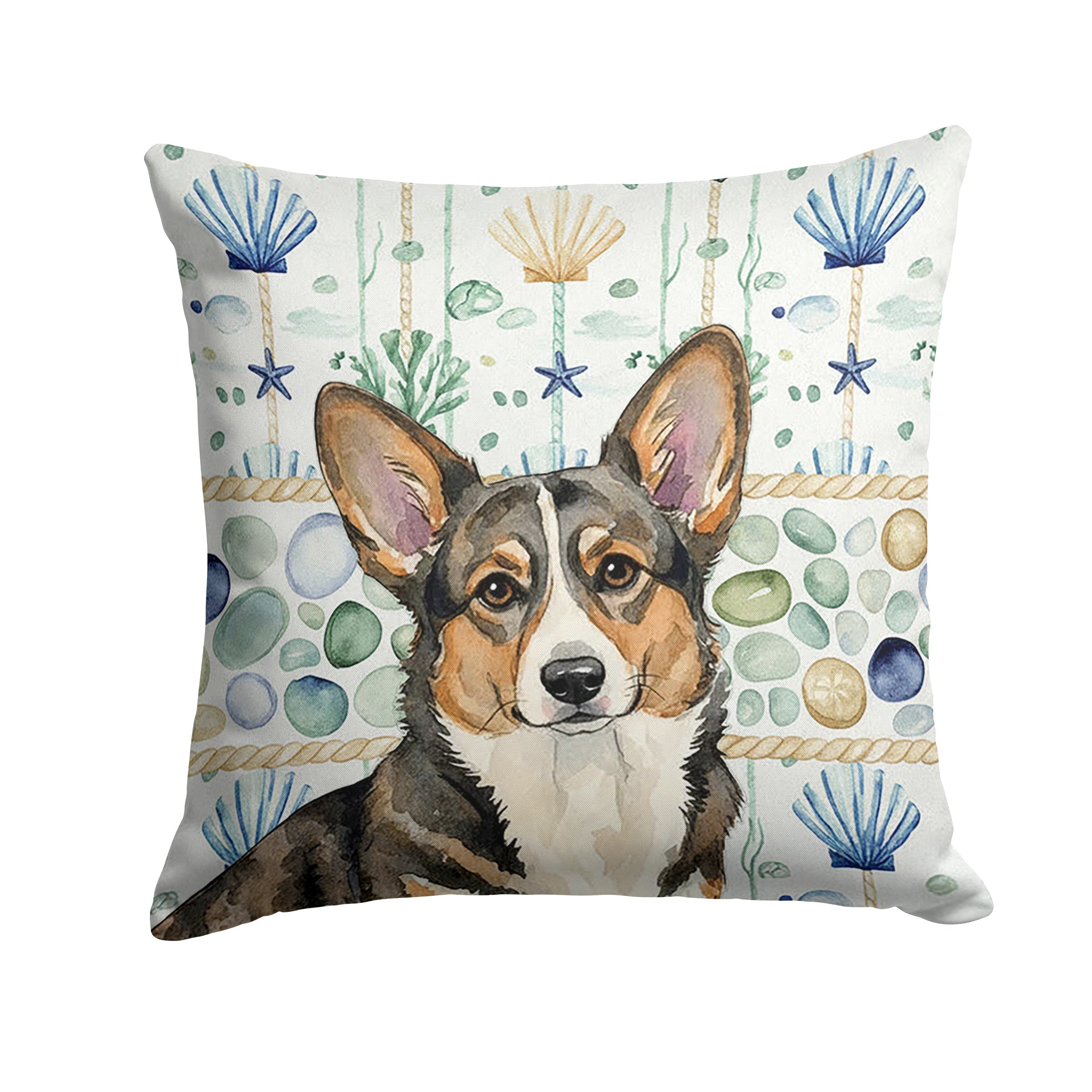 Brindle Cardigan Welsh Corgi Coastal Sea Glass Decorative Throw Pillow 18x18 Indoor Outdoor Accent Cushion, Fabric Cover with Insert for Sofa, Bed, Porch & Living Room