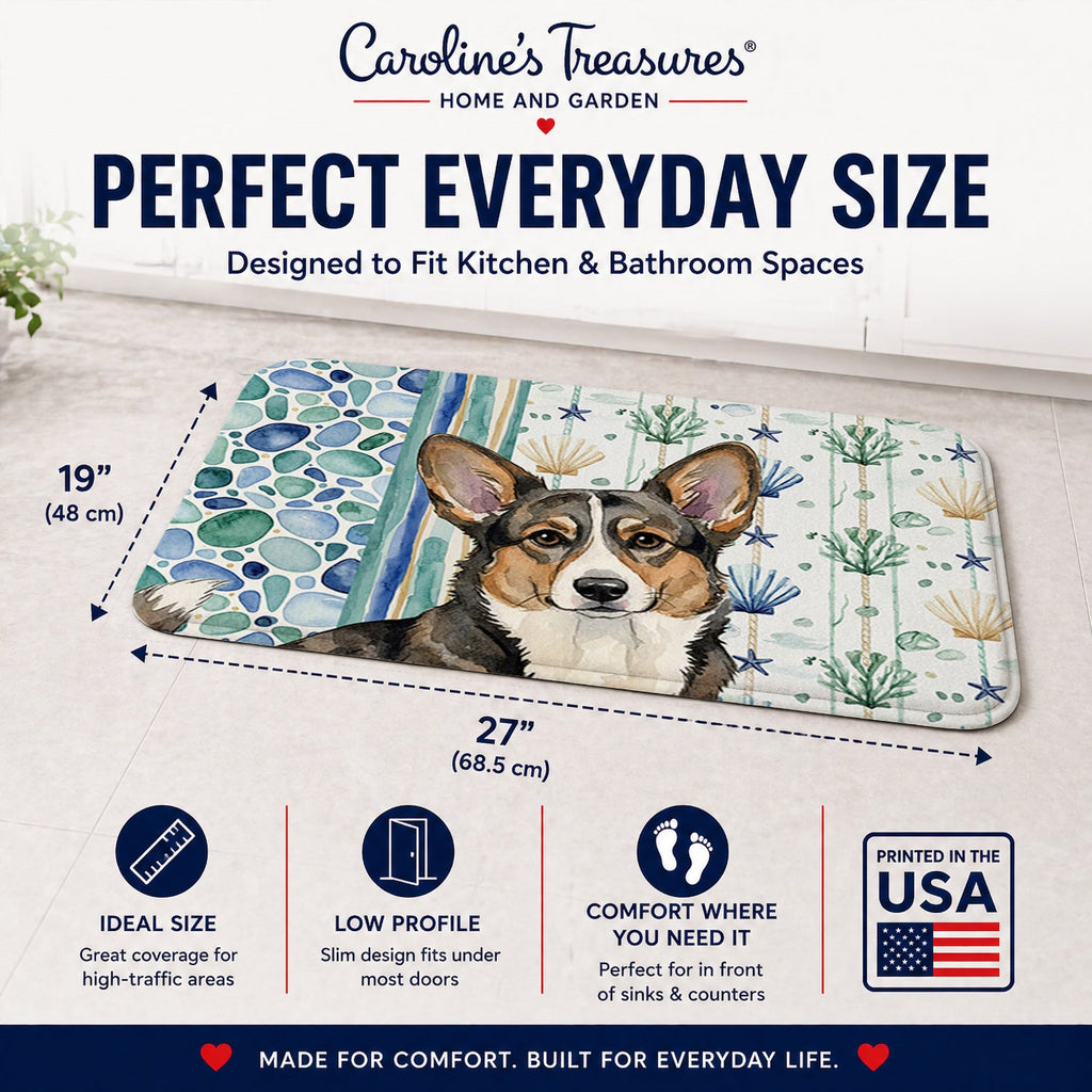 Brindle Cardigan Welsh Corgi Coastal Sea Glass Memory Foam Kitchen Mat Machine Washable Anti-Fatigue Cushion Comfort Bath or Kitchen Rug
