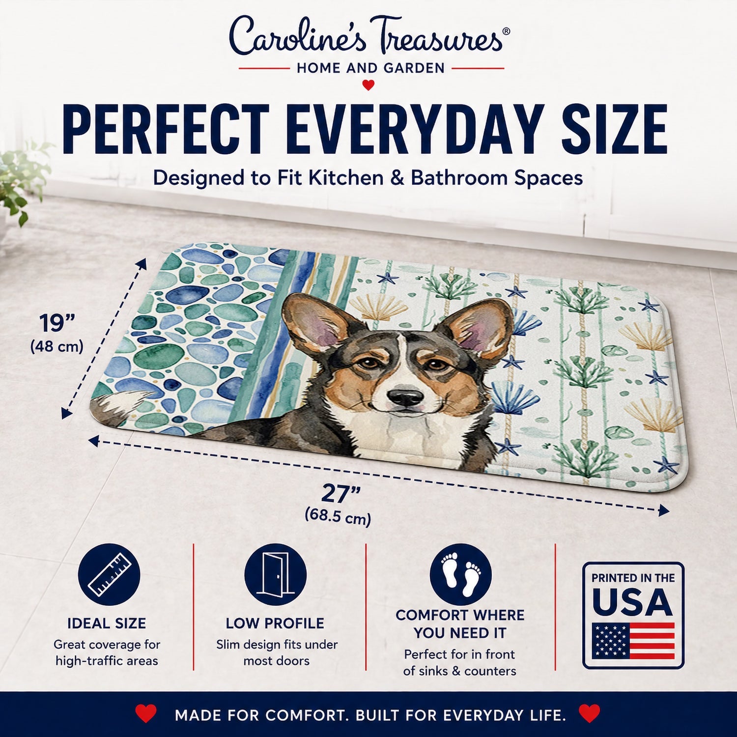 Brindle Cardigan Welsh Corgi Coastal Sea Glass Memory Foam Kitchen Mat Machine Washable Anti-Fatigue Cushion Comfort Bath or Kitchen Rug