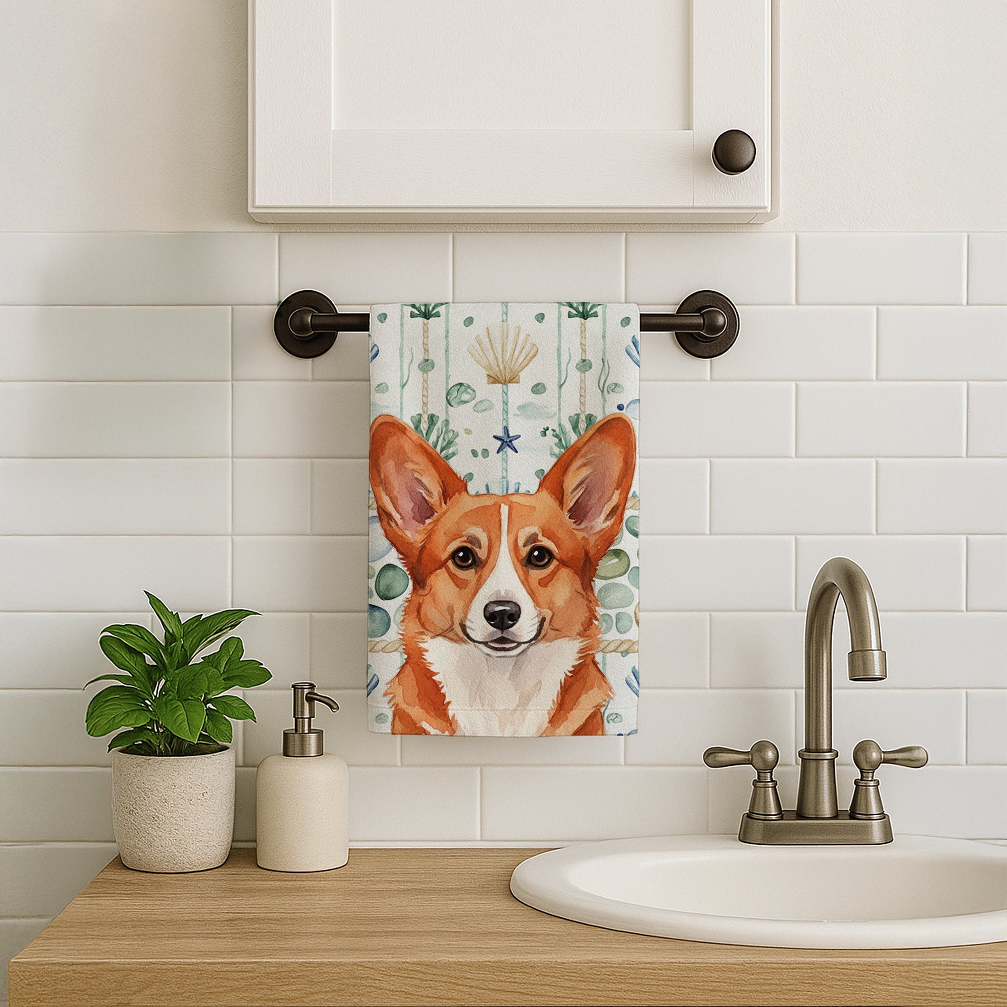 Red Cardigan Welsh Corgi Coastal Sea Glass Kitchen Towel Velour Plush Front and Cotton Loop Back Machine Washable