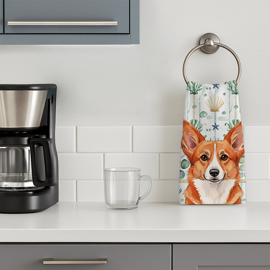 Red Cardigan Welsh Corgi Coastal Sea Glass Kitchen Towel Velour Plush Front and Cotton Loop Back Machine Washable