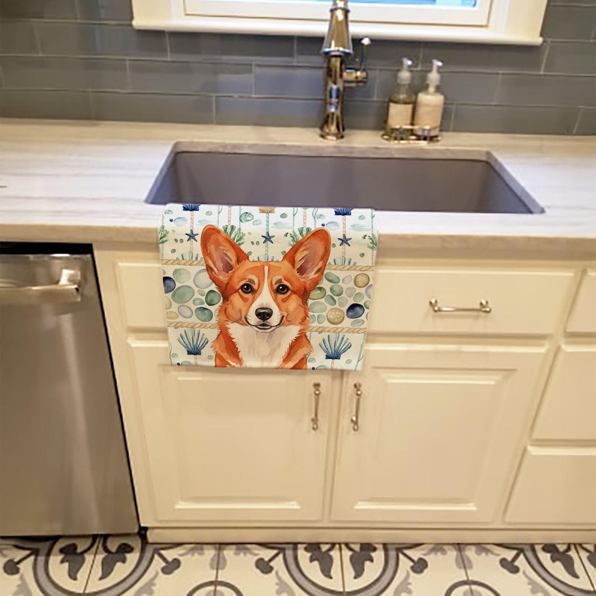 Red Cardigan Welsh Corgi Coastal Sea Glass Kitchen Towel Velour Plush Front and Cotton Loop Back Machine Washable