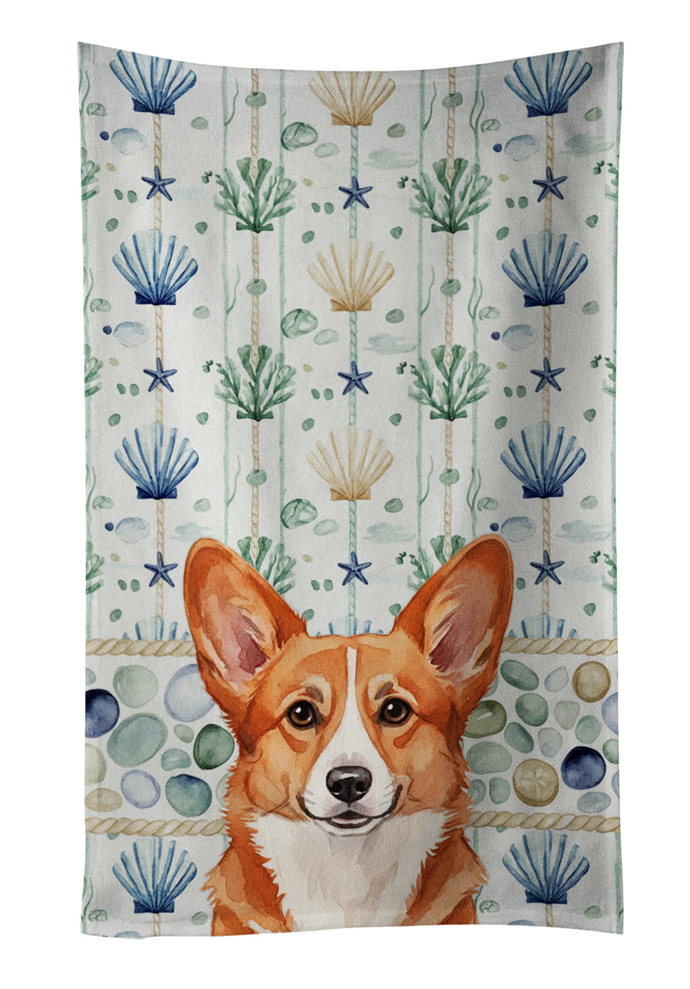 Red Cardigan Welsh Corgi Coastal Sea Glass Kitchen Towel Velour Plush Front and Cotton Loop Back Machine Washable