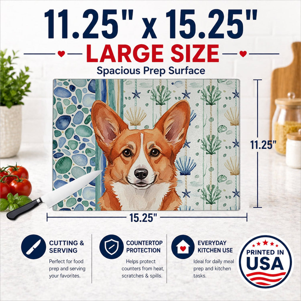 Red Cardigan Welsh Corgi Coastal Sea Glass Cutting Board Tempered Glass Kitchen Cutting Surface, Heat Resistant Chopping, Non-Slip Feet, Food Prep & Serving