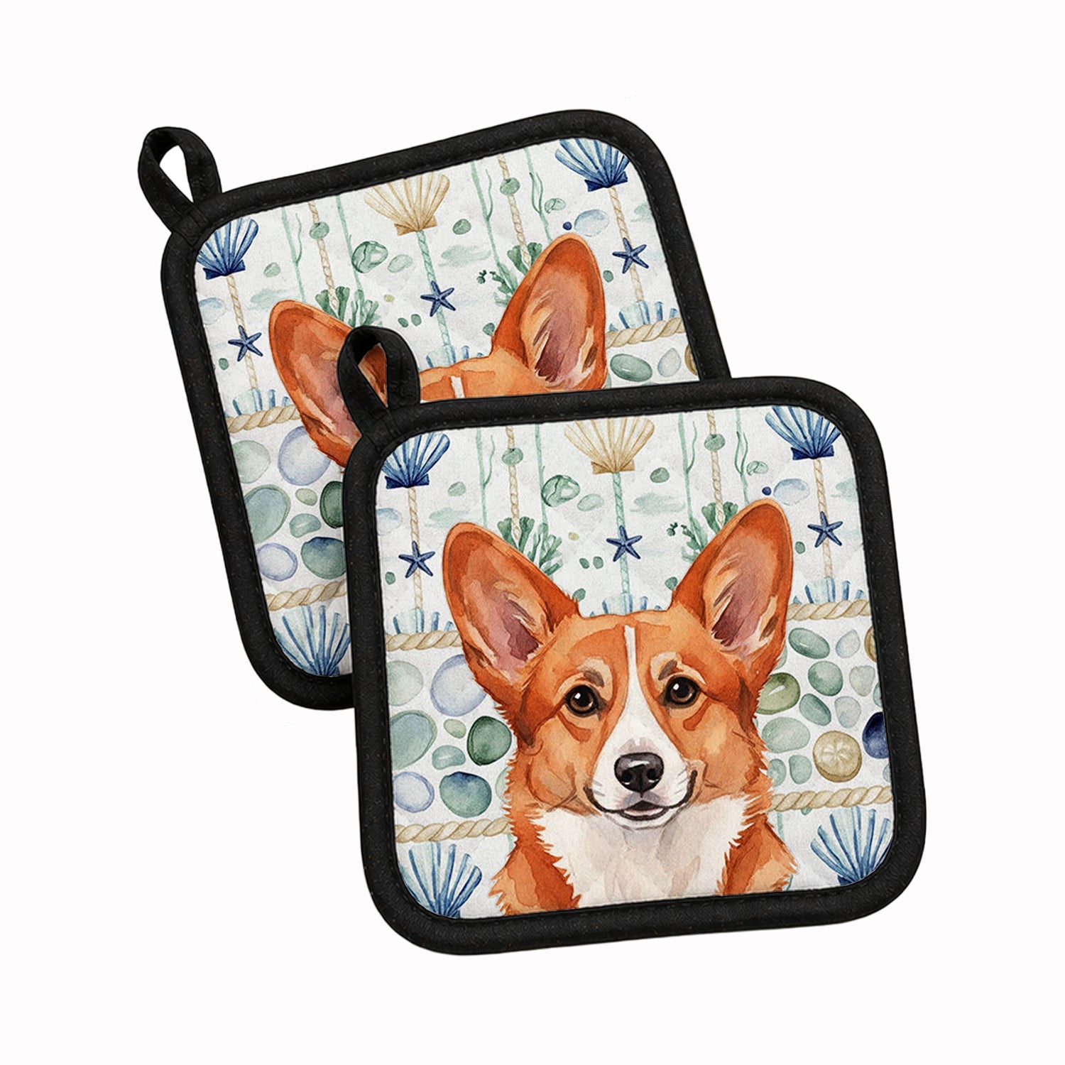 Red Cardigan Welsh Corgi Coastal Sea Glass Pot Holder Set of 2 Heat Resistant Quilted Hot Pads 7.5 x 7.5 Inch, Insulated Kitchen Trivets for Cooking & Baking