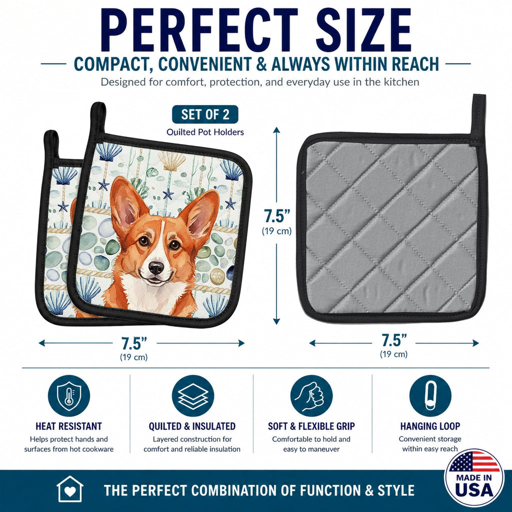 Red Cardigan Welsh Corgi Coastal Sea Glass Pot Holder Set of 2 Heat Resistant Quilted Hot Pads 7.5 x 7.5 Inch, Insulated Kitchen Trivets for Cooking & Baking