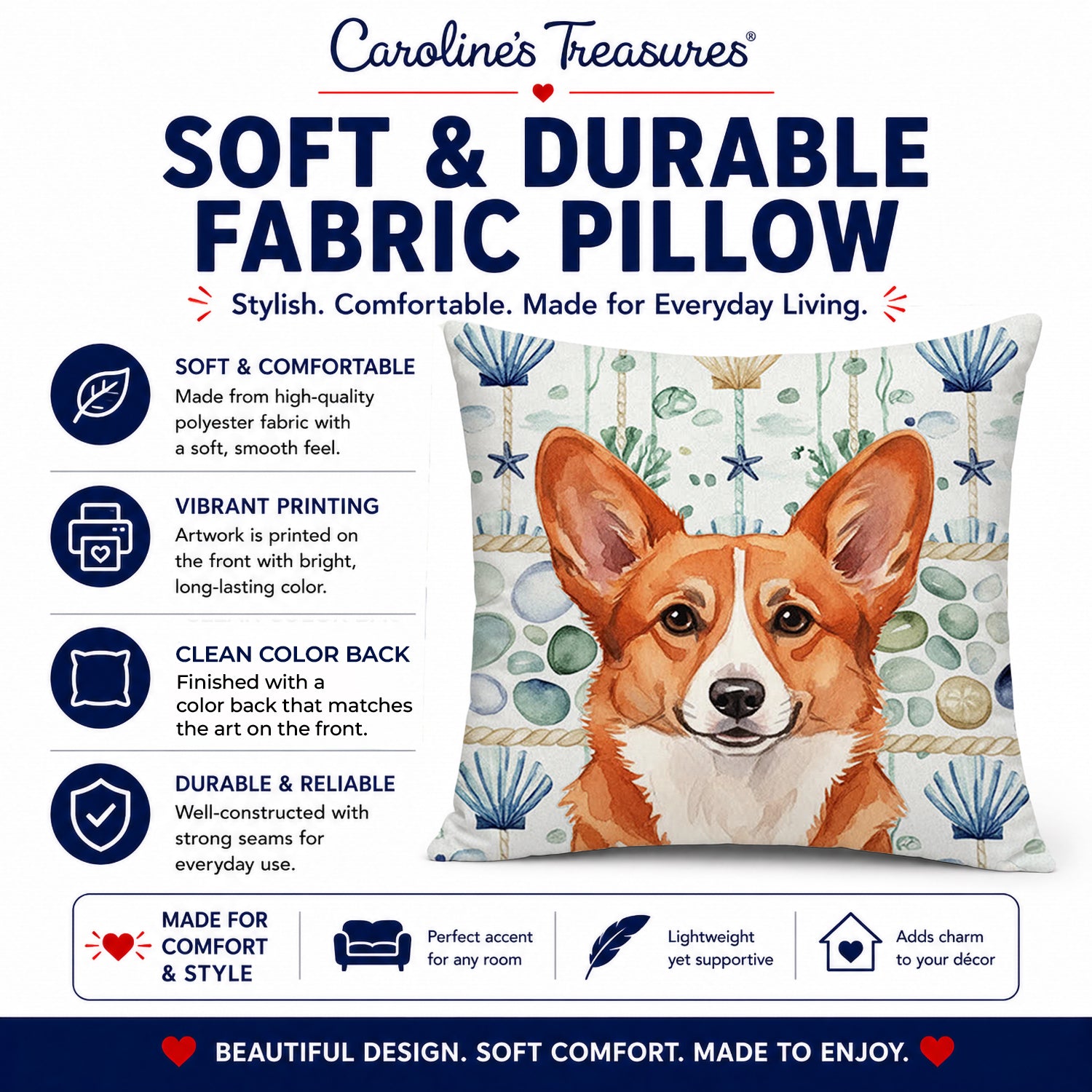 Red Cardigan Welsh Corgi Coastal Sea Glass Decorative Throw Pillow 14x14 Indoor Outdoor Accent Cushion, Fabric Cover with Insert for Sofa, Bed, Porch & Living Room