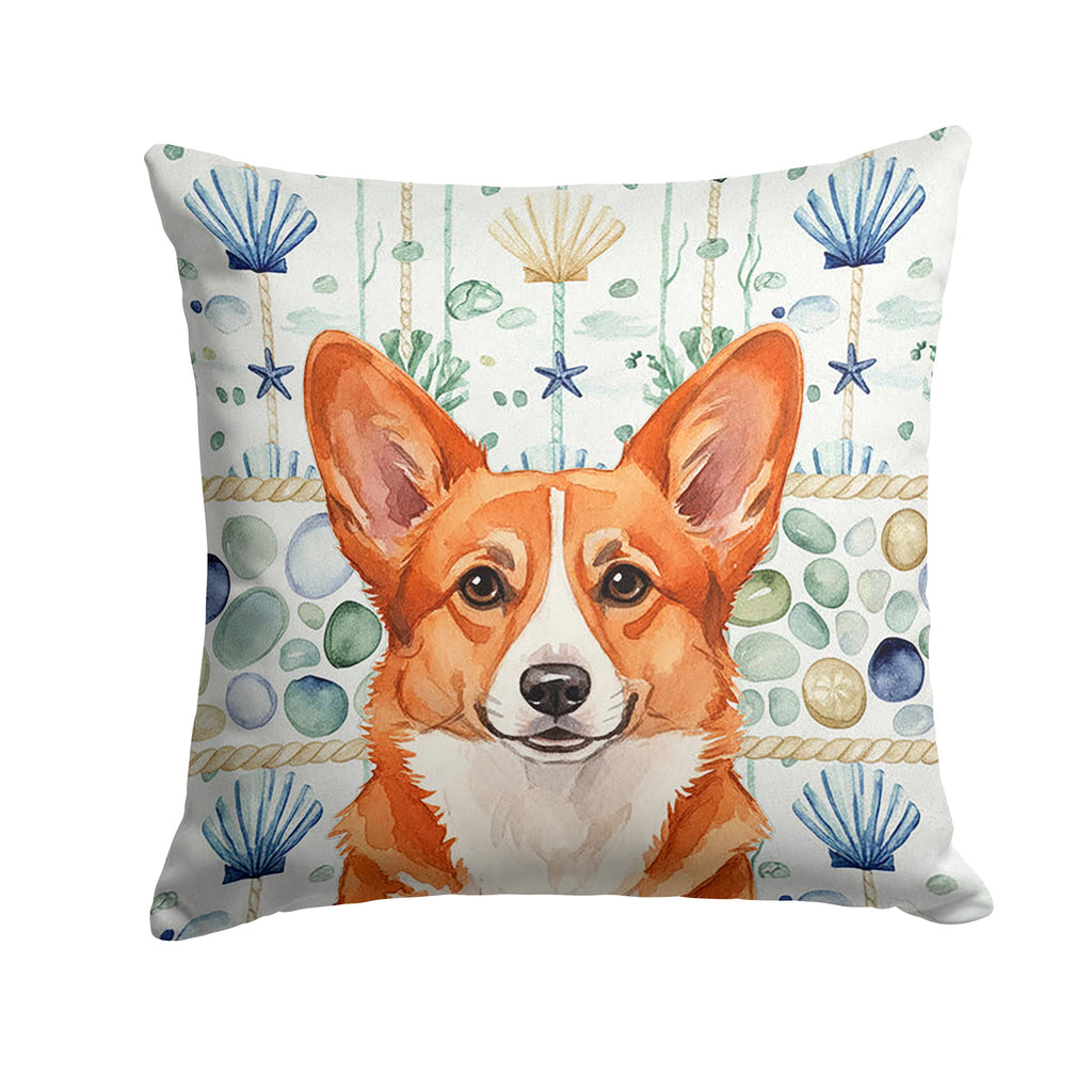 Red Cardigan Welsh Corgi Coastal Sea Glass Decorative Throw Pillow 14x14 Indoor Outdoor Accent Cushion, Fabric Cover with Insert for Sofa, Bed, Porch & Living Room