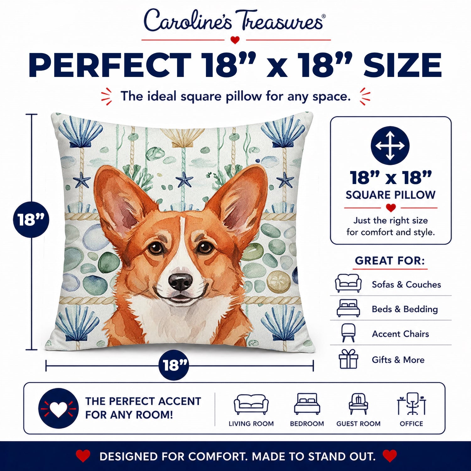 Red Cardigan Welsh Corgi Coastal Sea Glass Decorative Throw Pillow 18x18 Indoor Outdoor Accent Cushion, Fabric Cover with Insert for Sofa, Bed, Porch & Living Room