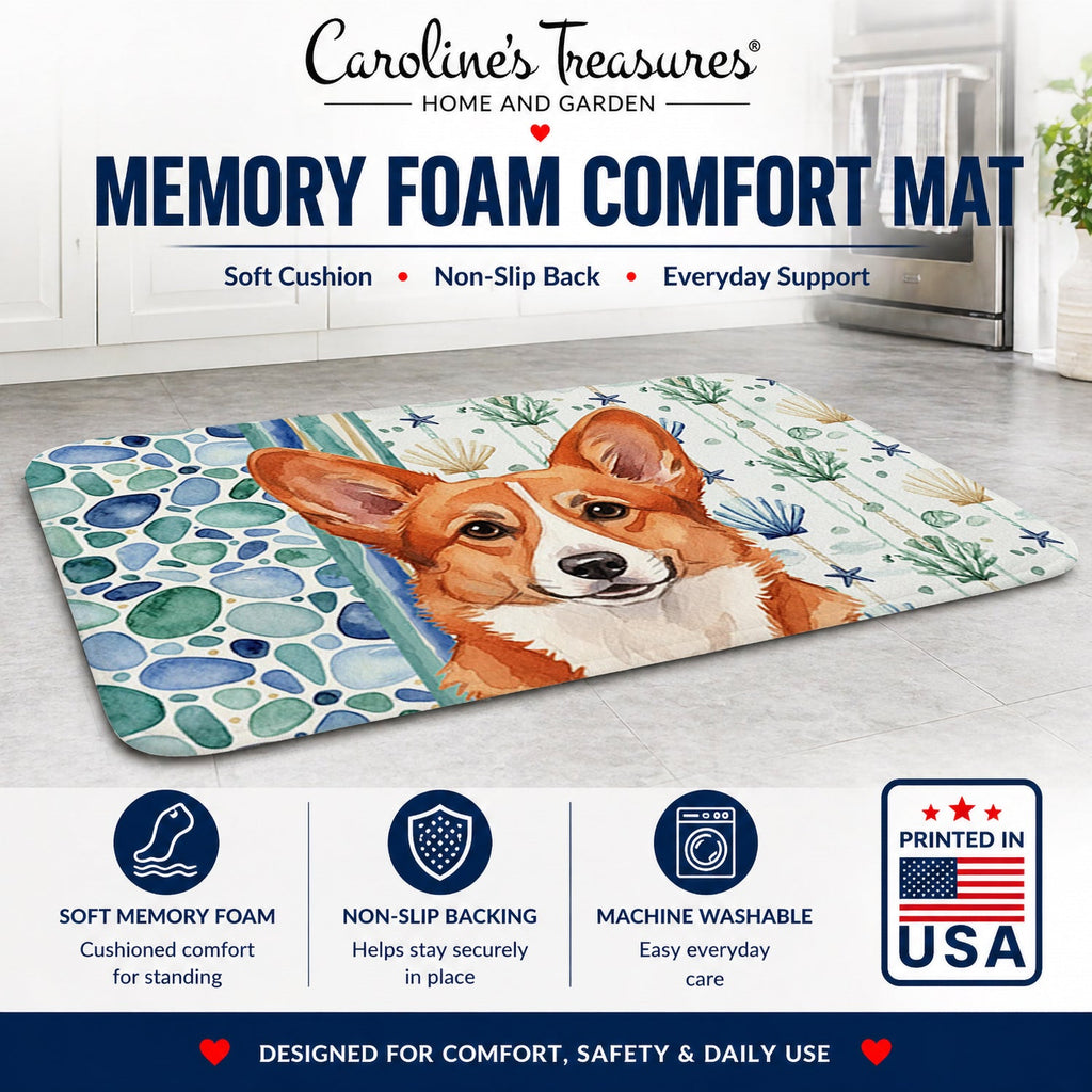 Red Cardigan Welsh Corgi Coastal Sea Glass Memory Foam Kitchen Mat Machine Washable Anti-Fatigue Cushion Comfort Bath or Kitchen Rug