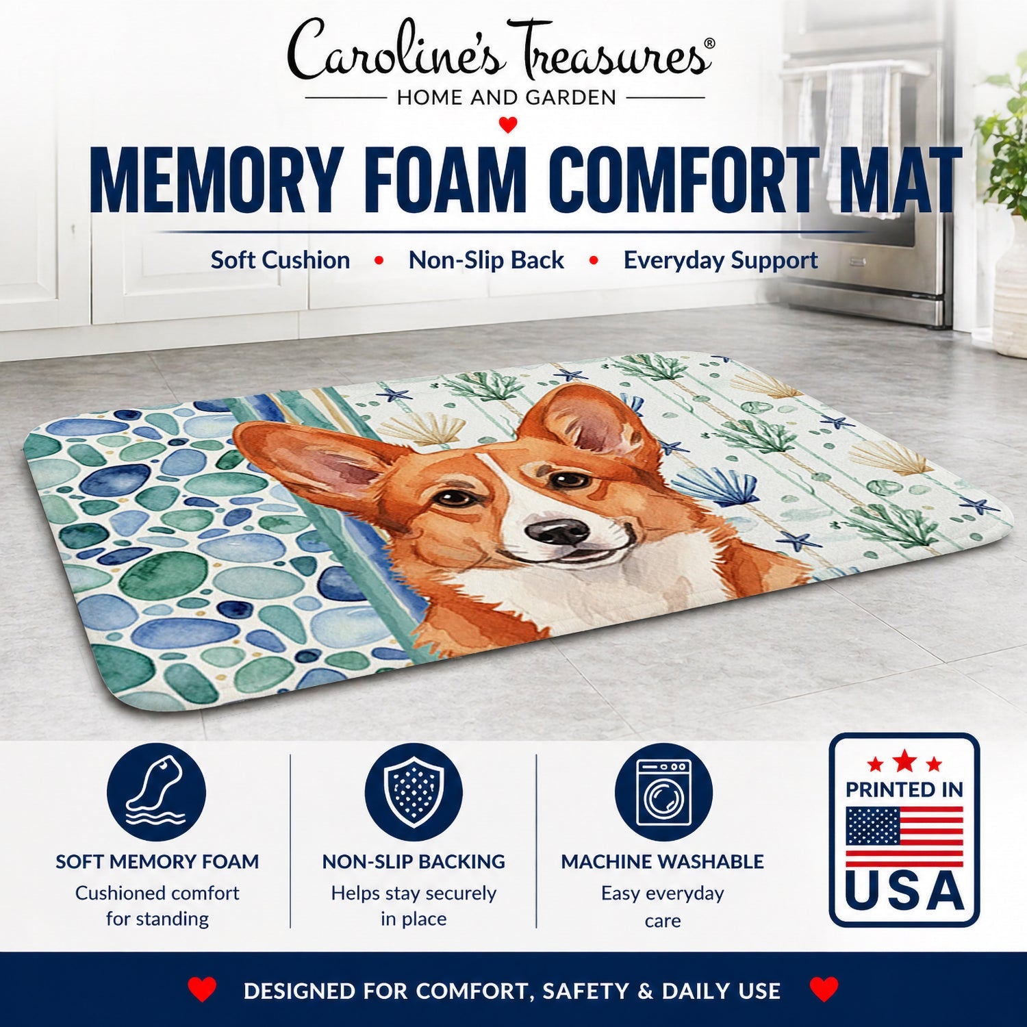 Red Cardigan Welsh Corgi Coastal Sea Glass Memory Foam Kitchen Mat Machine Washable Anti-Fatigue Cushion Comfort Bath or Kitchen Rug