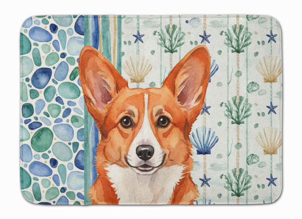 Red Cardigan Welsh Corgi Coastal Sea Glass Memory Foam Kitchen Mat Machine Washable Anti-Fatigue Cushion Comfort Bath or Kitchen Rug
