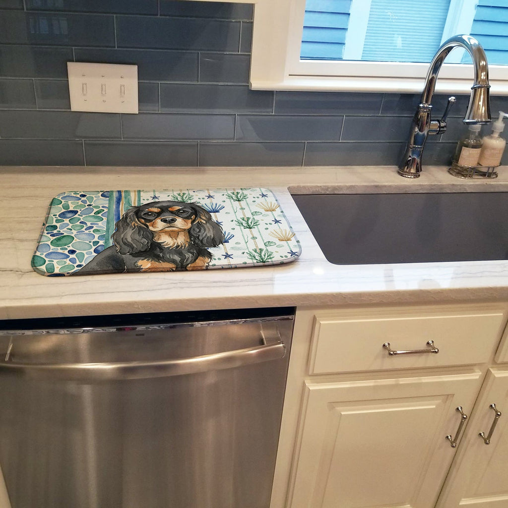 Black and Tan Cavalier Spaniel Coastal Sea Glass Dish Drying Mat Absorbent Dish Drying Mat Pad for Kitchen Counter Dish Drainer Mat for Countertop, 14 x 21", Multicolor