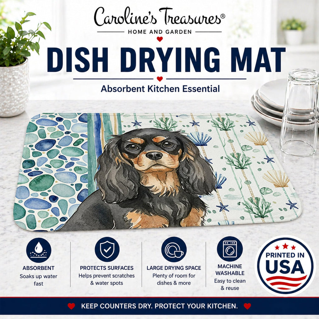 Black and Tan Cavalier Spaniel Coastal Sea Glass Dish Drying Mat Absorbent Dish Drying Mat Pad for Kitchen Counter Dish Drainer Mat for Countertop, 14 x 21", Multicolor